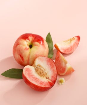 Cut peach and slices on a pink background showing vibrant summer freshness.